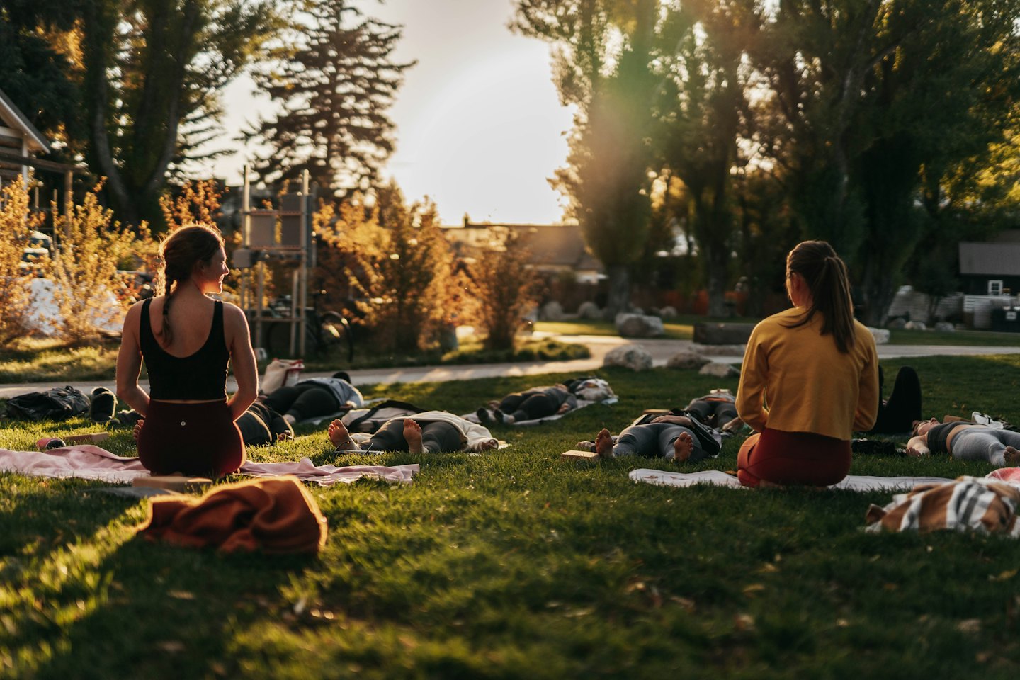 Persone che praticano yoga su tappetini su un prato verde al tramonto.